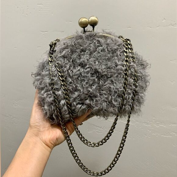 Handmade Genuine Curly Shearling Kisslock Wristlet/Shoulder Bag/Crossbody - Picture 7 of 16